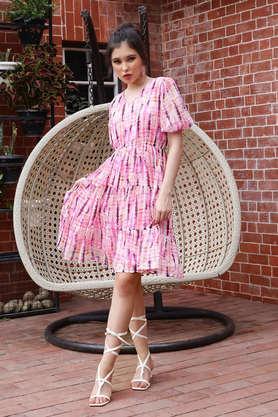 printed v neck polyester women's knee length dress - pink