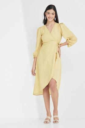 printed v neck polyester women's knee length dress - yellow