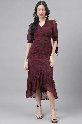 printed v-neck polyester women's maxi dress - maroon