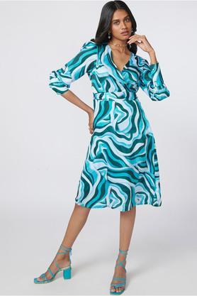 printed v neck polyester womens a line fit midi dress - green