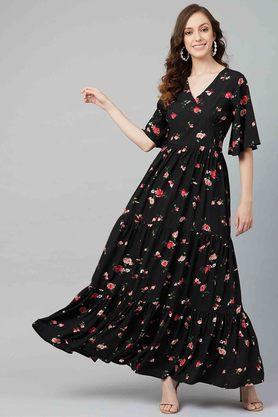 printed v-neck polyester womens fit and flare dress - black