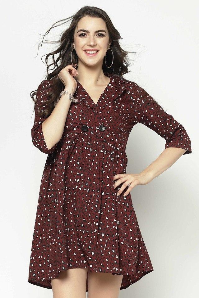 printed v-neck polyester womens fit and flare dress