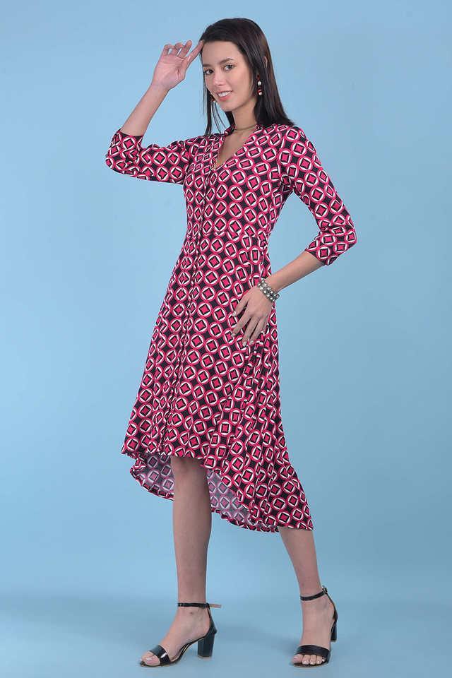 printed v-neck polyester womens knee length dress