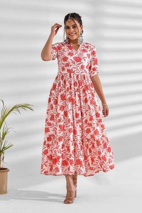 printed v-neck rayon women's calf length ethnic dress - pink