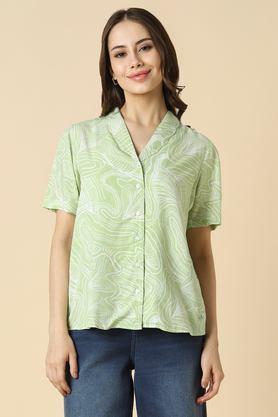 printed v-neck rayon women's formal wear shirt - light olive