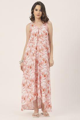 printed v-neck rayon women's full length dress - coral