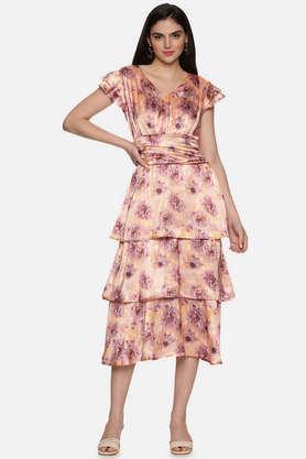 printed v neck satin women's midi dress - peach