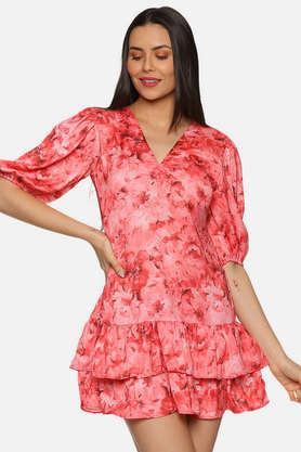 printed v neck satin women's mini dress - pink