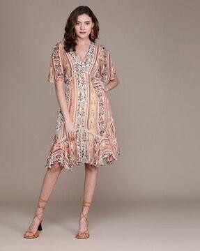 printed v-neck short a-line dress with half sleeves