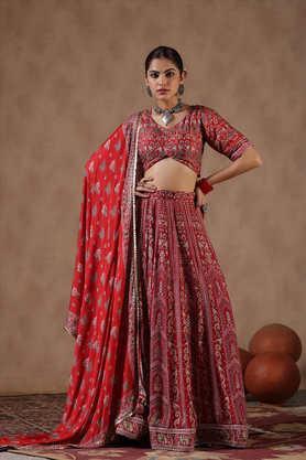 printed v-neck silk women's lehenga choli set - rust