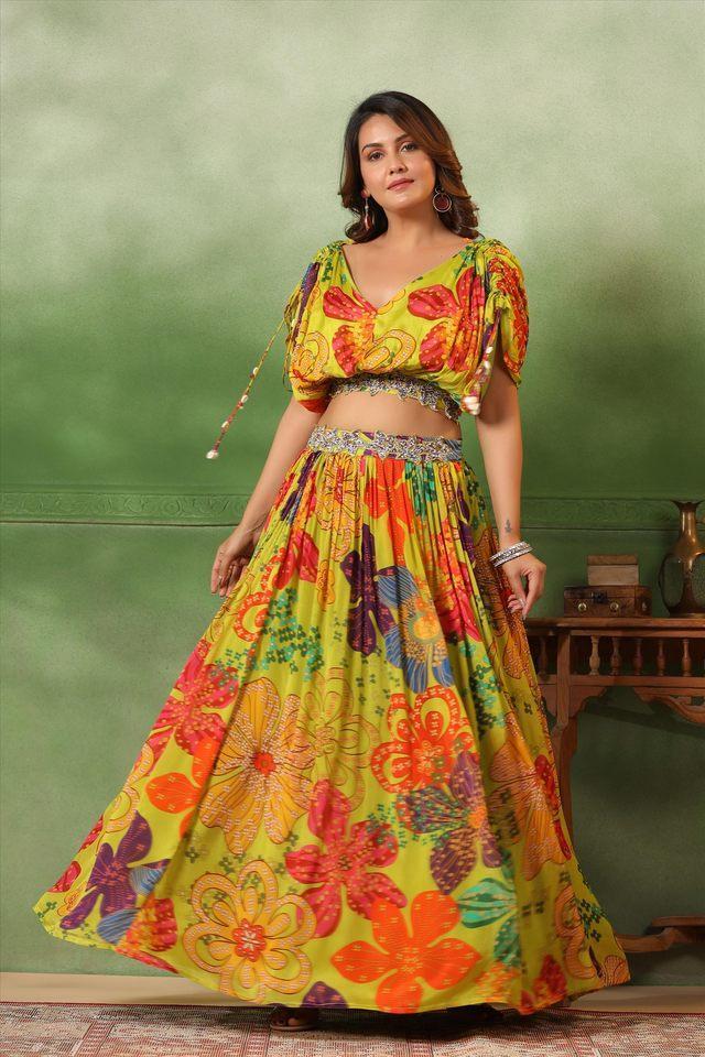 printed v-neck silk womens lehenga choli set