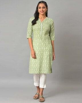 printed v-neck straight kurta