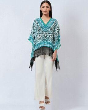 printed v-neck top with kaftan sleeves