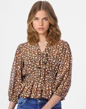 printed v-neck top with neck tie