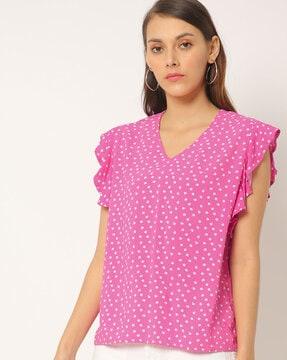 printed v-neck top with ruffled sleeves
