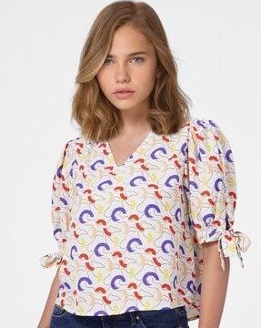 printed v-neck top with sleeve tie-ups