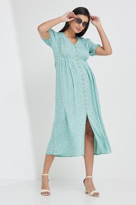 printed v neck viscose women's midi dress - green