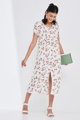 printed v neck viscose women's midi dress - off white