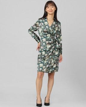 printed v-neck wrap dress with tie- ups