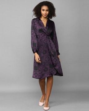 printed v-neck wrap-style a-line dress