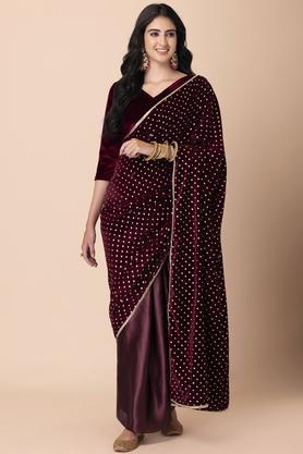 printed velvet regular fit women's pre-stitched saree - maroon