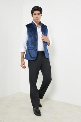printed velvet slim fit men's waist coat - blue