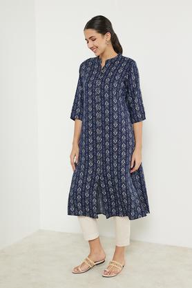 printed viscose blend mandarin women's a line kurta - indigo