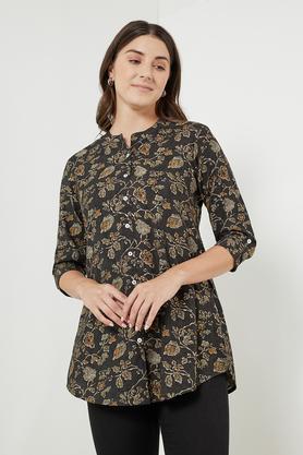 printed viscose blend mandarin women's tunic - grey