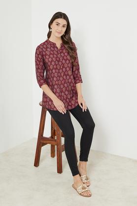 printed viscose blend mandarin women's tunic - purple