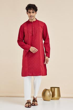 printed viscose blend men's festive wear kurta - red
