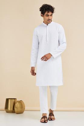 printed viscose blend men's festive wear kurta - white