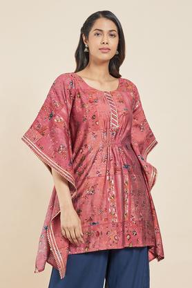 printed viscose blend round neck womens casual wear tunic - pink