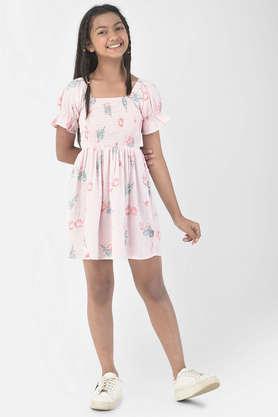 printed viscose blend square neck girl's casual wear dress - light pink