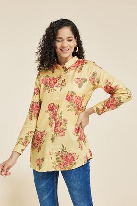 printed viscose collar neck women's casual wear tunic - mustard