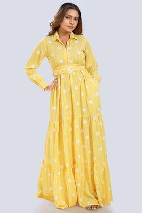 printed viscose collar neck women's maxi dress - yellow