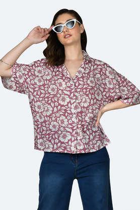 printed viscose collar neck women's shirt - pink