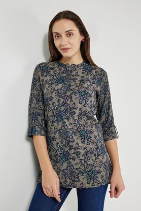 printed viscose collared women's tunic - natural