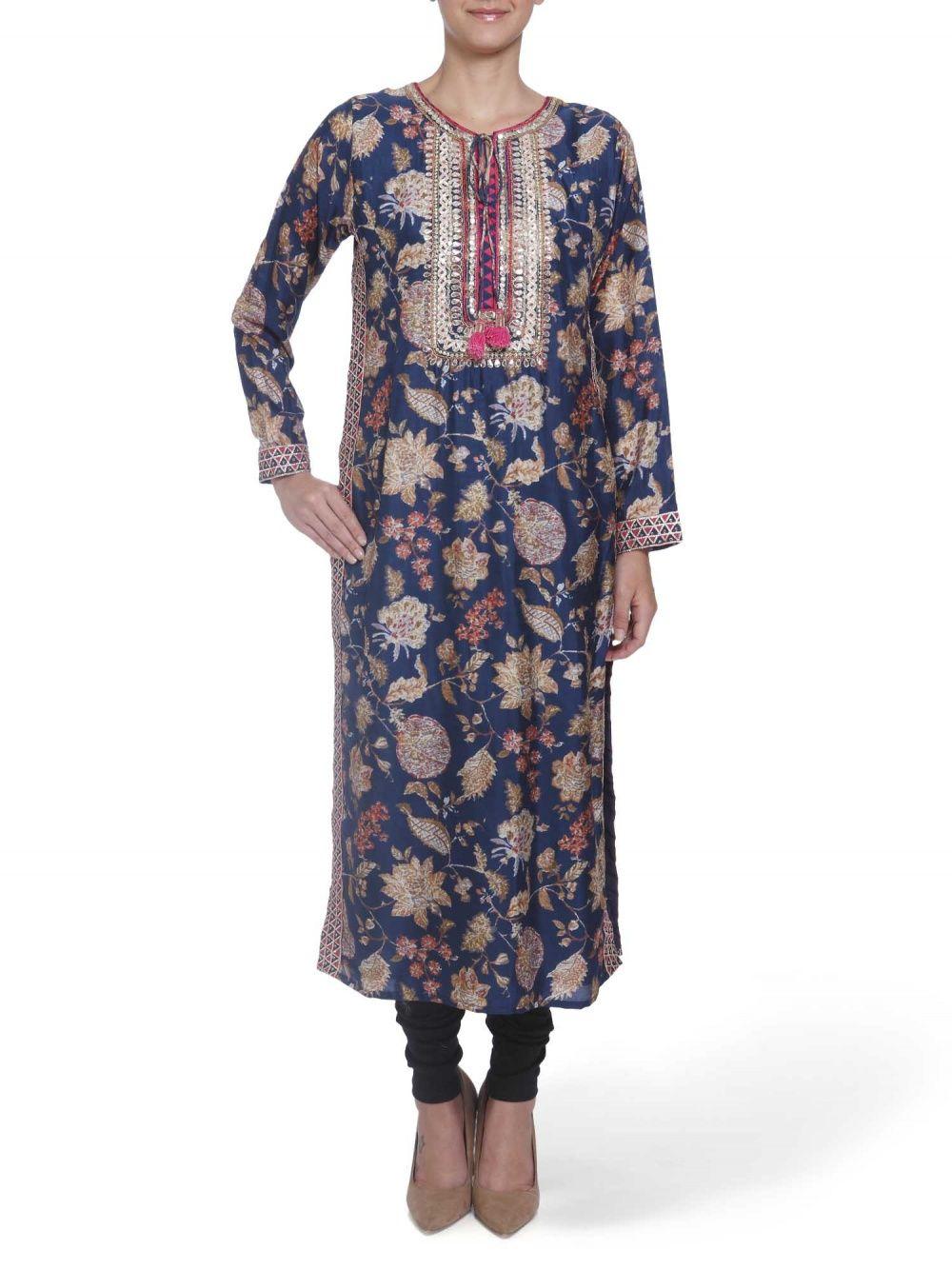 printed viscose navy straight cut kurta with gotta patti work - customisable