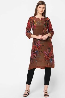 printed viscose rayon boat neck women's kurta - brown