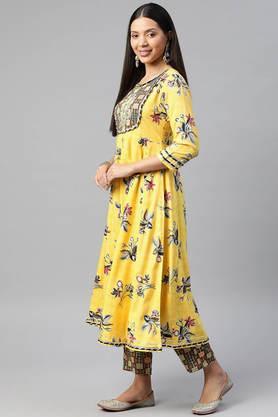 printed viscose rayon round neck women's kurta pant dupatta set - yellow