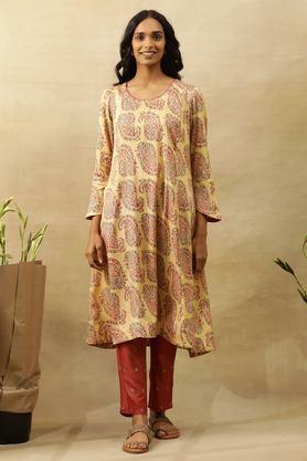 printed viscose round neck women's casual wear kurta - yellow