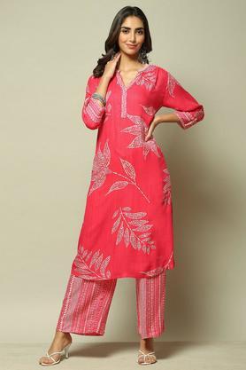 printed viscose round neck women's kurta palazzo set - pink