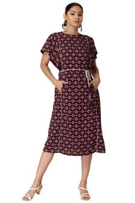 printed viscose round neck women's maxi dress - maroon