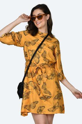 printed viscose round neck women's mini dress - yellow