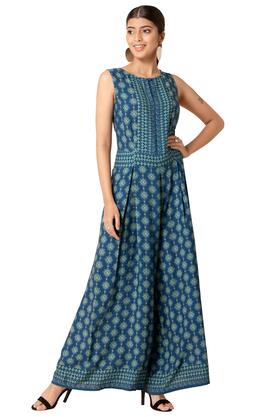 printed viscose round neck women's regular fit tunic - blue