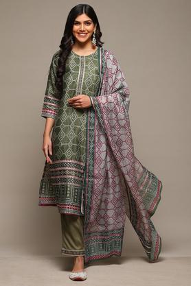 printed viscose round neck women's salwar kurta dupatta set - green