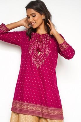 printed viscose round neck women's tunic - wine