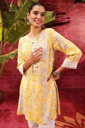 printed viscose round neck women's tunic - yellow