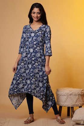 printed viscose v-neck women's casual wear kurta - blue