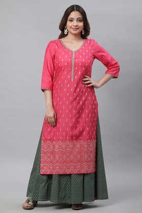 printed viscose v-neck women's festive wear kurta - pink